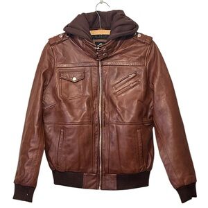 Real Leather Bomber Jacket, Men’s, Removable‎ Hood, Pockets, Zip Closure, Large